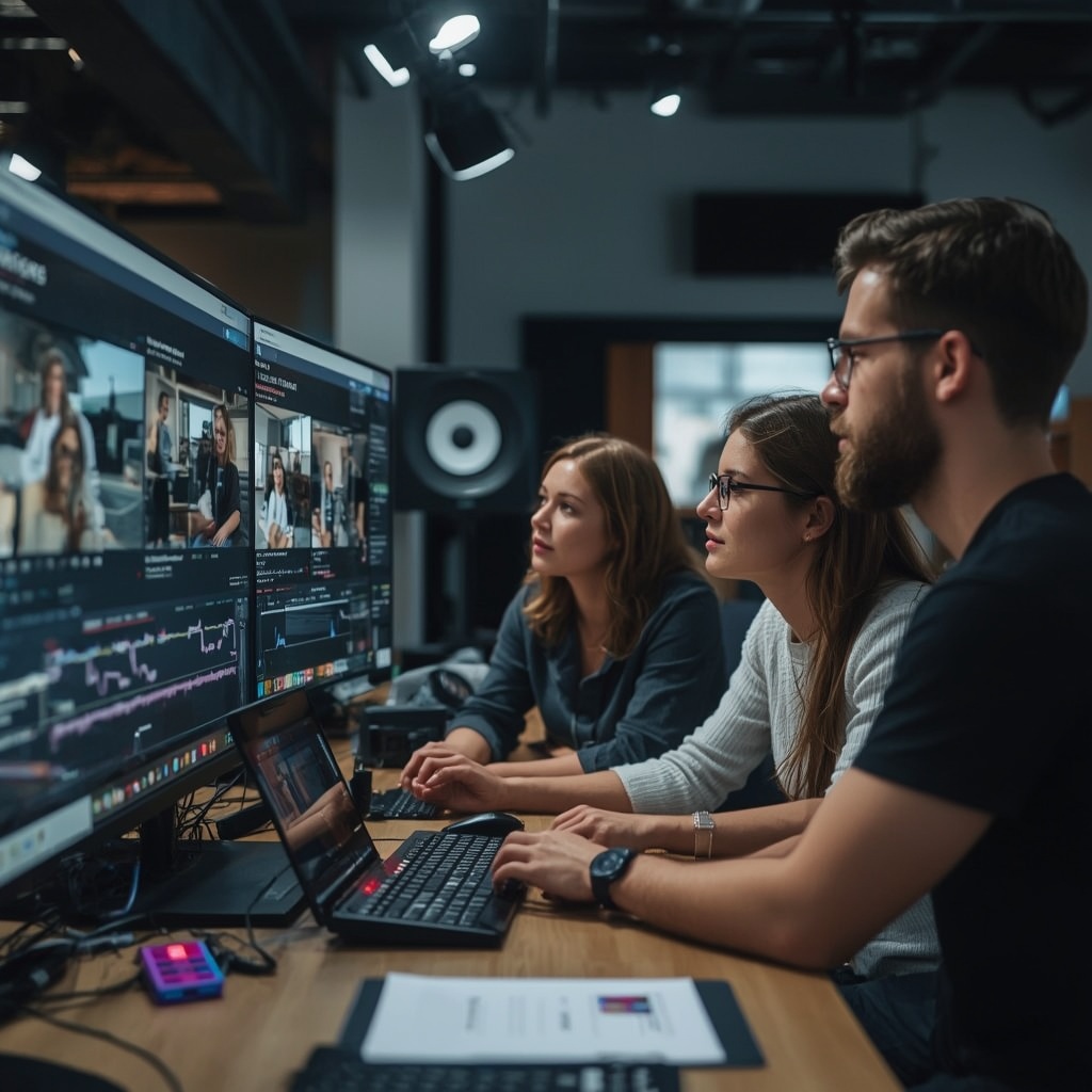 unlocking - video production team reviewing footage on a large monitor, analyzing AI-generated edits, in a high-tech control