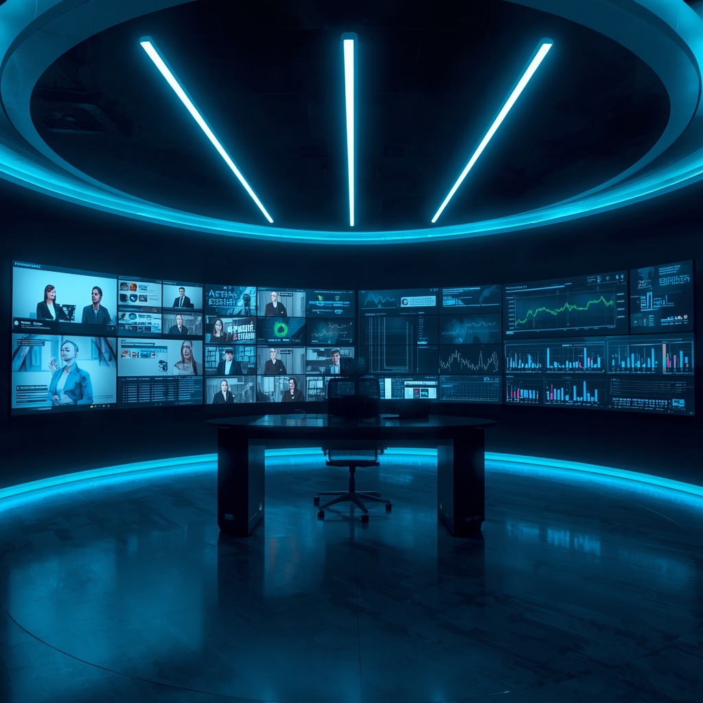 Futuristic control room with large screens displaying AI-powered video analytics, showing diverse audience engagement metrics, modern, high-tech, clean design with neon blue and green lights, dynamic and interactive environment
