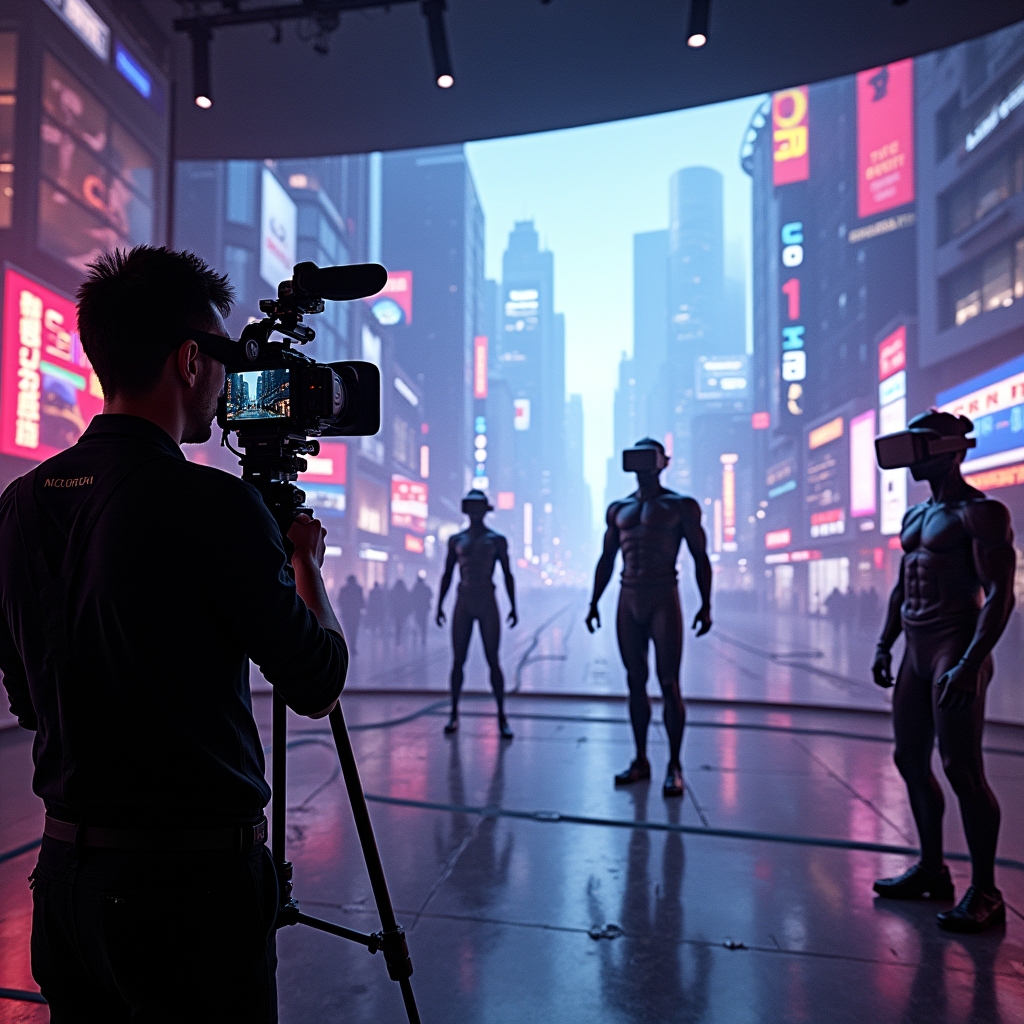 unlocking - Behind-the-scenes of a virtual film set, showcasing AI-driven cameras and virtual reality technology used by film