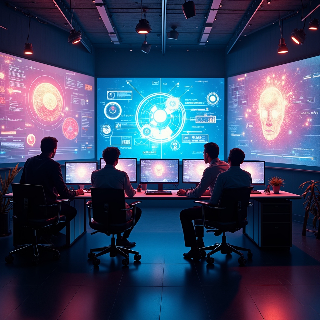 Futuristic video editing studio with multiple screens displaying AI tools, vibrant digital graphics, and a creative team engaged in video production, modern, high-tech atmosphere, ultra realistic, 8k quality